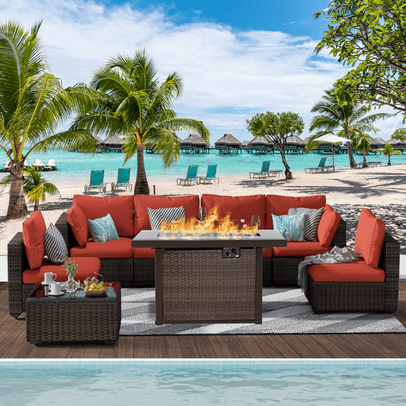 Gaildon 8 Piece Patio Furniture Set with Fire Pit Table, All Weather Outdoor Sectional PE Rattan, Patio Conversation Sets with Cushions and Glass Coffee Table for Garden Lawn Balcony Porch Deck