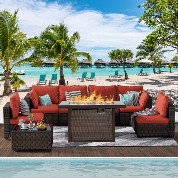Gaildon 8 Piece Patio Furniture Set with Fire Pit Table, All Weather Outdoor Sectional PE Rattan, Patio Conversation Sets with Cushions and Glass Coffee Table for Garden Lawn Balcony Porch Deck