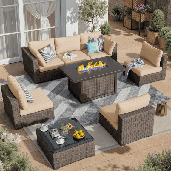 Gaildon 8 Piece Patio Furniture Set with Fire Pit Table, All Weather Outdoor Sectional PE Rattan, Patio Conversation Sets with Cushions and Glass Coffee Table for Garden Lawn Balcony Porch Deck,Beige