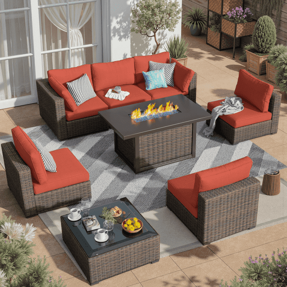 Gaildon 8 Piece Patio Furniture Set with Fire Pit Table, All Weather Outdoor Sectional PE Rattan, Patio Conversation Sets with Cushions and Glass Coffee Table for Garden Lawn Balcony Porch Deck, Red
