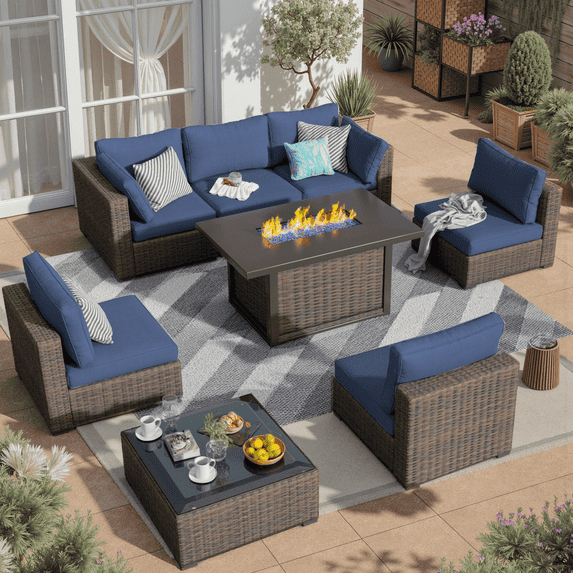 Gaildon 8 Piece Patio Furniture Set with Fire Pit Table, All Weather Outdoor Sectional PE Rattan, Patio Conversation Sets with Cushions and Glass Coffee Table for Garden Lawn Balcony Porch Deck,Blue
