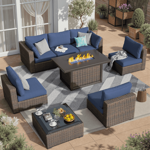 Gaildon 8 Piece Patio Furniture Set with Fire Pit Table, All Weather Outdoor Sectional PE Rattan, Patio Conversation Sets with Cushions and Glass Coffee Table for Garden Lawn Balcony Porch Deck,Blue