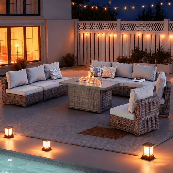 Gaildon 9 Piece Patio Furniture Set with Fire Pit Table, All Weather Outdoor Sectional PE Rattan, Patio Conversation Sets with Cushions for Garden Lawn Balcony Porch Deck, Grey