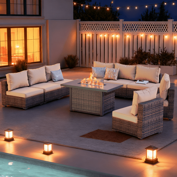 Gaildon 9 Piece Patio Furniture Set with Fire Pit Table, All Weather Outdoor Sectional PE Rattan, Patio Conversation Sets with Cushions for Garden Lawn Balcony Porch Deck, Beige