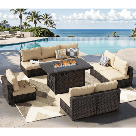 Gaildon 9 Piece Patio Furniture Set with Fire Pit Table, All Weather Outdoor Sectional PE Rattan, Patio Conversation Sets with Cushions for Garden Lawn Balcony Porch Deck, Beige