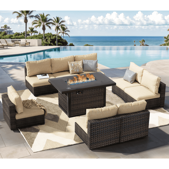 Gaildon 9 Piece Patio Furniture Set with Fire Pit Table, All Weather Outdoor Sectional PE Rattan, Patio Conversation Sets with Cushions for Garden Lawn Balcony Porch Deck, Beige