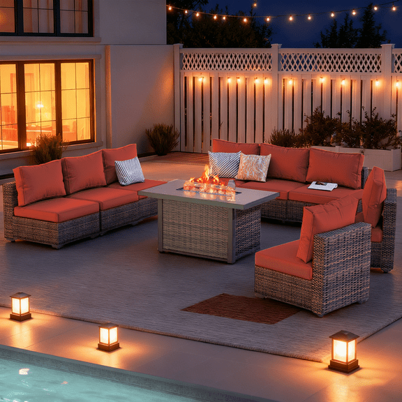 Gaildon 9 Piece Patio Furniture Set with Fire Pit Table, All Weather Outdoor Sectional PE Rattan, Patio Conversation Sets with Cushions for Garden Lawn Balcony Porch Deck, Red