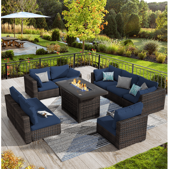 Gaildon 9 Piece Patio Furniture Set with Fire Pit Table, All Weather Outdoor Sectional PE Rattan, Patio Conversation Sets with Cushions and Glass Coffee Table for Garden Lawn Balcony Porch Deck