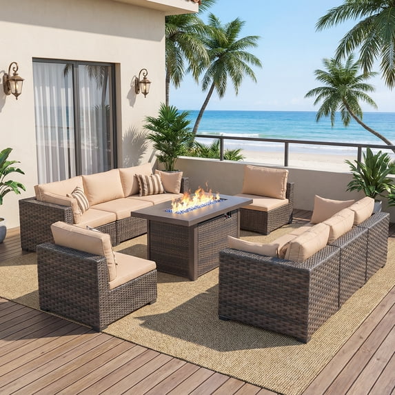 Gaildon 9 Piece Patio Furniture Set with Fire Pit Table, All Weather Outdoor Sectional PE Rattan, Patio Conversation Sets with Cushions and Glass Coffee Table for Garden Lawn Balcony Porch Deck,Beige