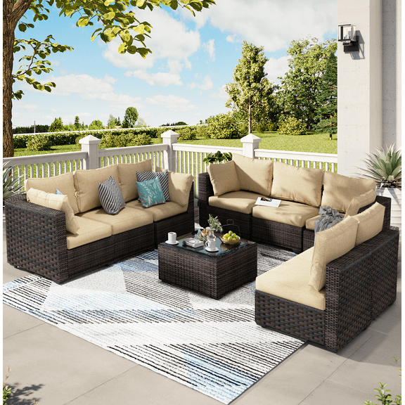 Gaildon 9 Pieces Patio Furniture Set, All Weather Outdoor Sectional PE Rattan, Patio Conversation Sets with Cushions and Glass Coffee Table for Garden Lawn Balcony Porch Deck, Beige