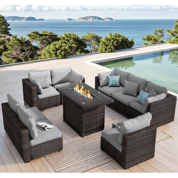 Gaildon 9 Pieces Patio Furniture Set, All Weather Outdoor Sectional PE Rattan, Patio Conversation Sets with Cushions and Glass Coffee Table for Garden Lawn Balcony Porch Deck, Gret