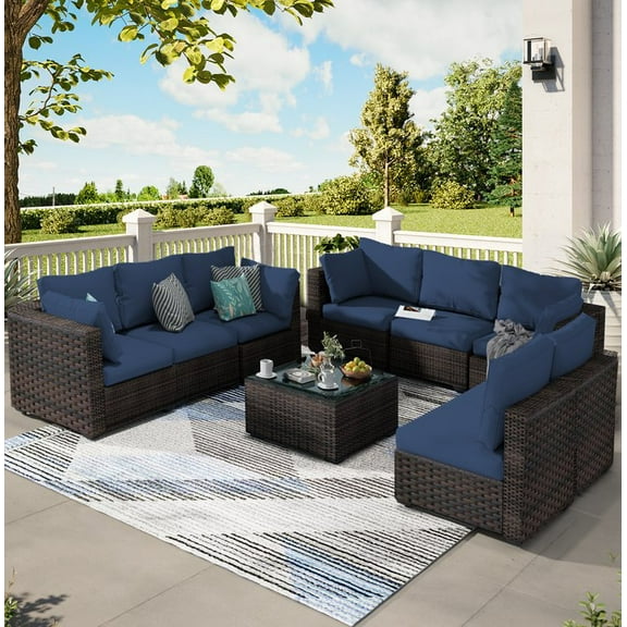 Gaildon 9 Pieces Patio Furniture Set, All Weather Outdoor Sectional PE Rattan, Patio Conversation Sets with Cushions and Glass Coffee Table for Garden Lawn Balcony Porch Deck,Blue