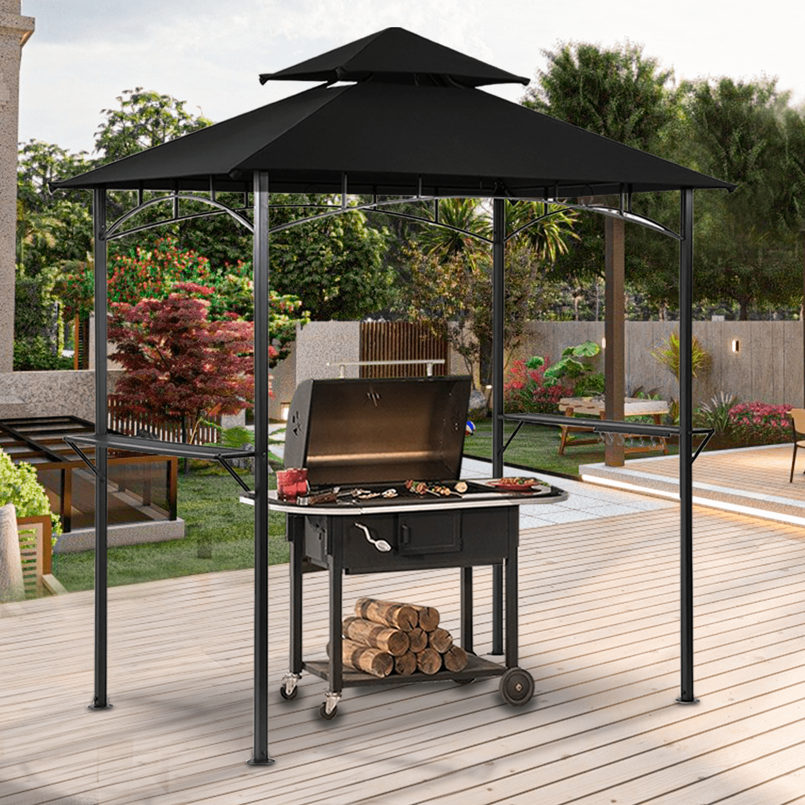 Gaildon 96’’x60’’x101’’ Outdoor Grill Gazebo with Vented Top , Double Tier Outdoor Grill Shelter-Black