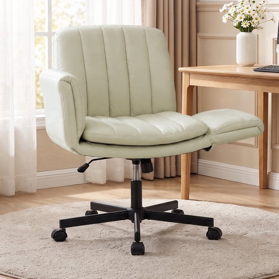 Gaildon Cross Legged Chair with Wheels & Armrests, Comfy Wide Vanity Chair, PU Leather Cross Legged Desk Chair, Height Adjustable Computer Office Desk Chairs for Home, White