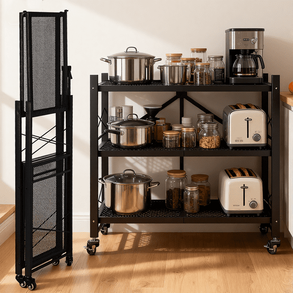 Gaildon Foldable Shelves 3 Tier Heavy Duty Metal Storage Shelves with Wheels - No Assembly Collapsible Shelving Unit for Kitchen Garage Hold up to 1000 lbs