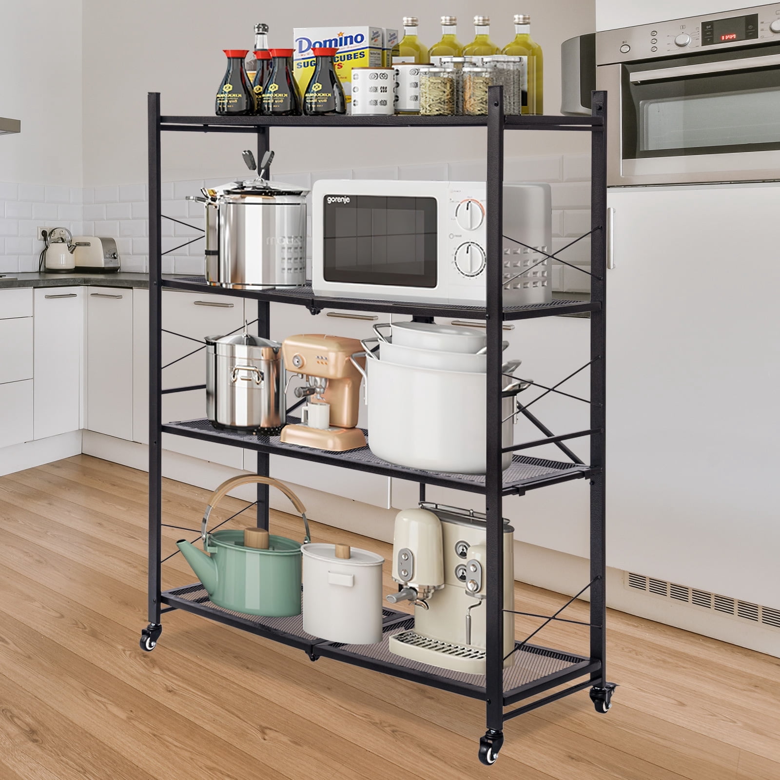 Furnibear 4 Tier Folding Storage Shelves with Wheels Foldable Metal Rack Collapsible Shelves for Garage Kitchen Basement Black