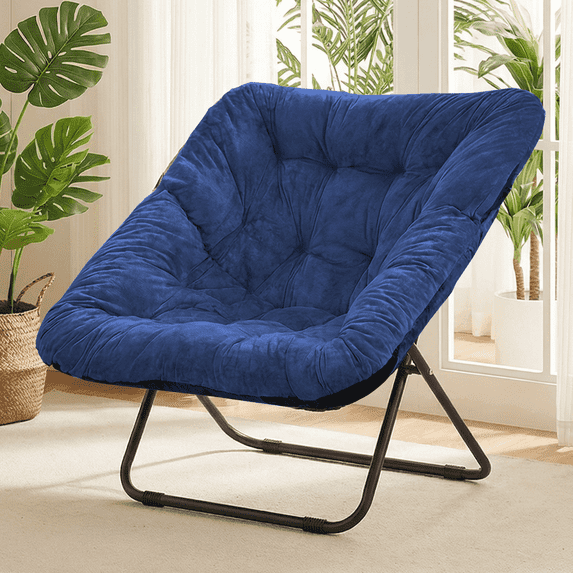 Gaildon Moon Saucer Chair Soft Faux Fur Folding Accent Chair, Square Lounge Lazy Chair Moon Chair with Metal Frame, Blue