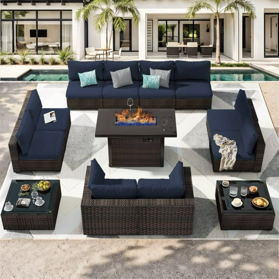 Gaildon Outdoor Garden 13 Piece Patio Furniture with 43" 55000BTU Gas Propane Fire Pit Table Rattan Wicker Sectional Set, Blue