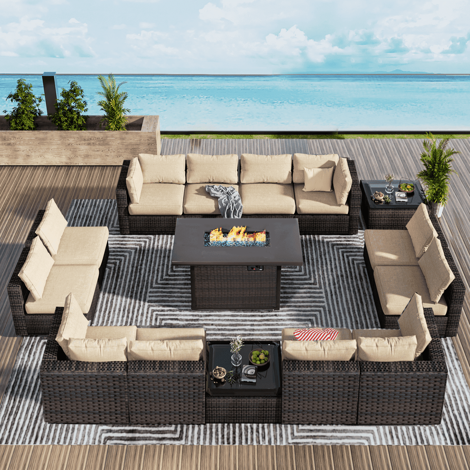 Gaildon 15 Pieces Patio Furniture Set with Fire Pit Table, All Weather Outdoor Sectional PE Rattan,Patio Conversation Sets Cushions & Black-glass Coffee Table for Garden Lawn Balcony Porch Deck,Beige