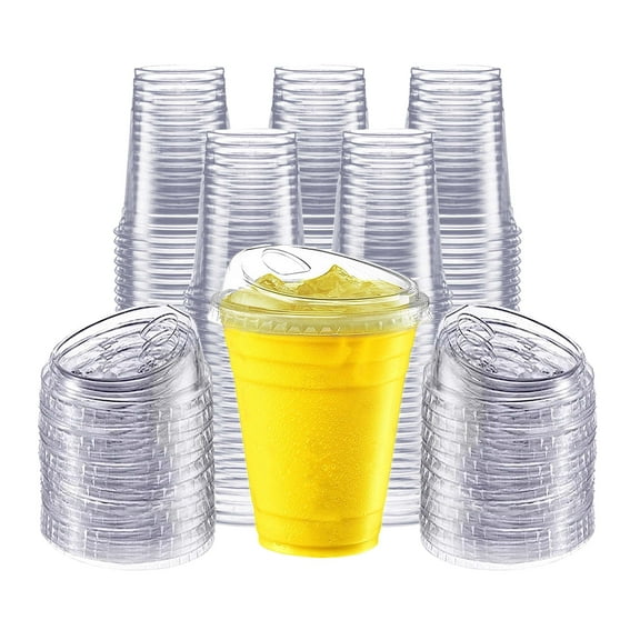 Gailware Clear Plastic Cups with Strawless Sip Lids, Disposable, 12 oz, 100 Count.