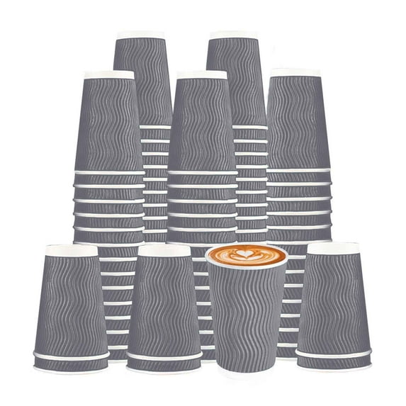 Gailware 100 Pack 16 oz Gray Ripple Coffee Cups, Disposable Insulated Corrugated Paper Cups, To Go Ripple Cups for Hot Coffee Beverage or Cold Drinks For Events, Cafe, Office, and Everyday Use.