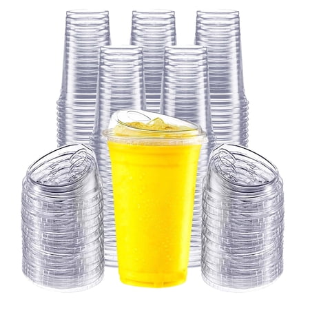 Gailware Clear Plastic Cups with Strawless Sip Lids, Disposable, 24 oz, 100 Count.