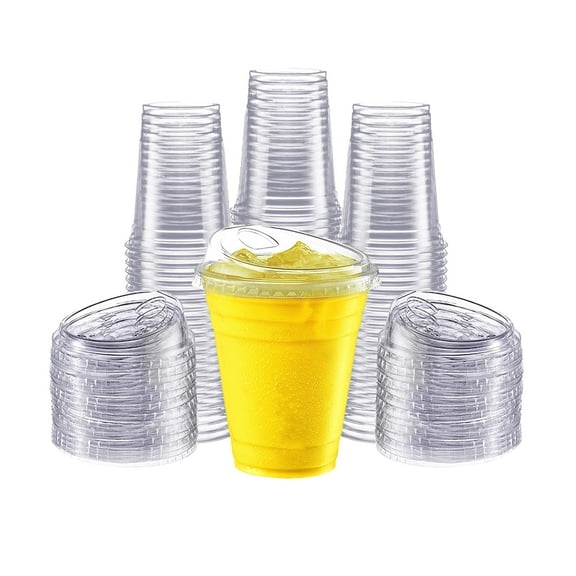 Gailware Clear Plastic Cups with Strawless Sip Lids, Disposable, 12 oz, 50 Count.