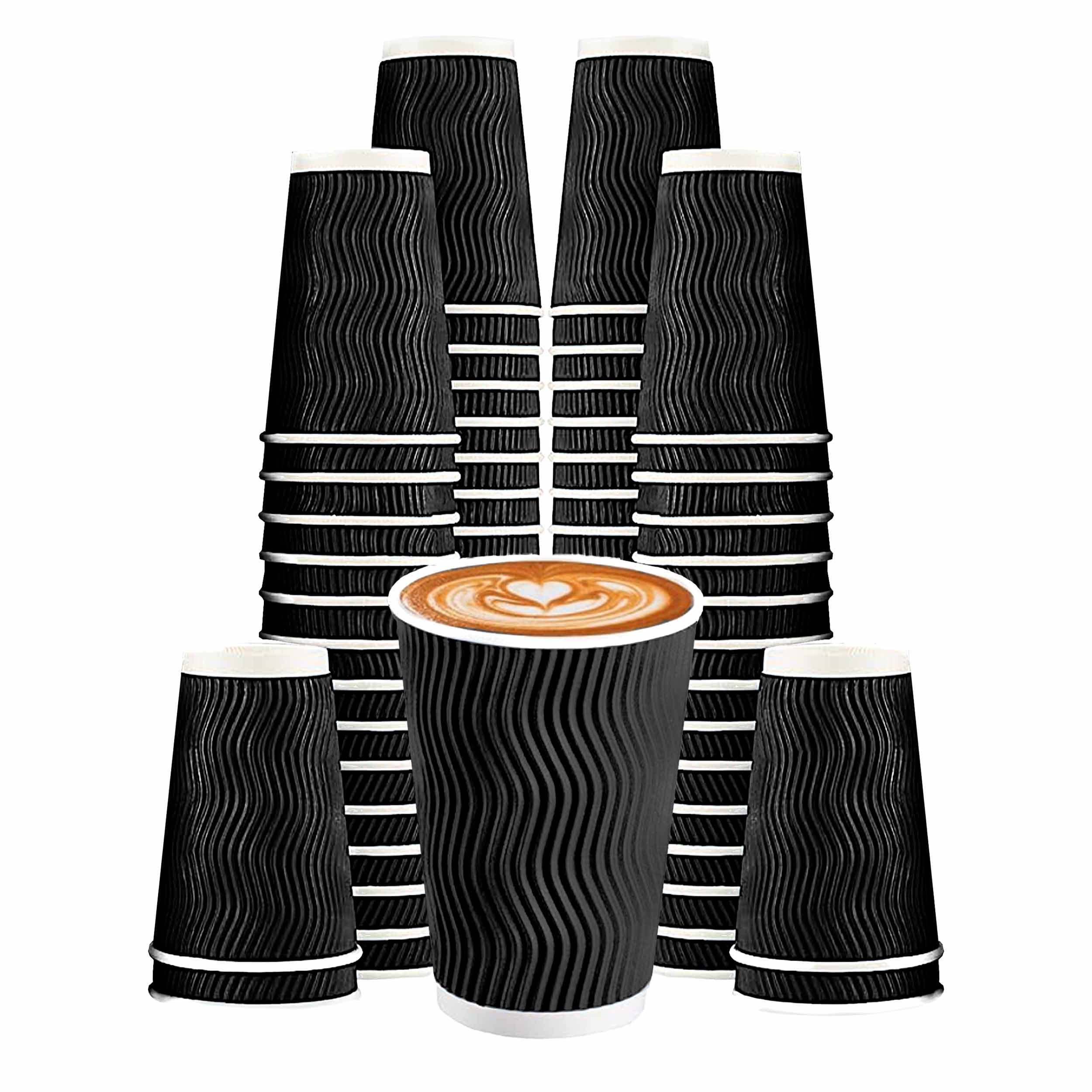Gailware 50 Pack 16 oz Black Ripple Coffee Cups, Disposable Insulated ...