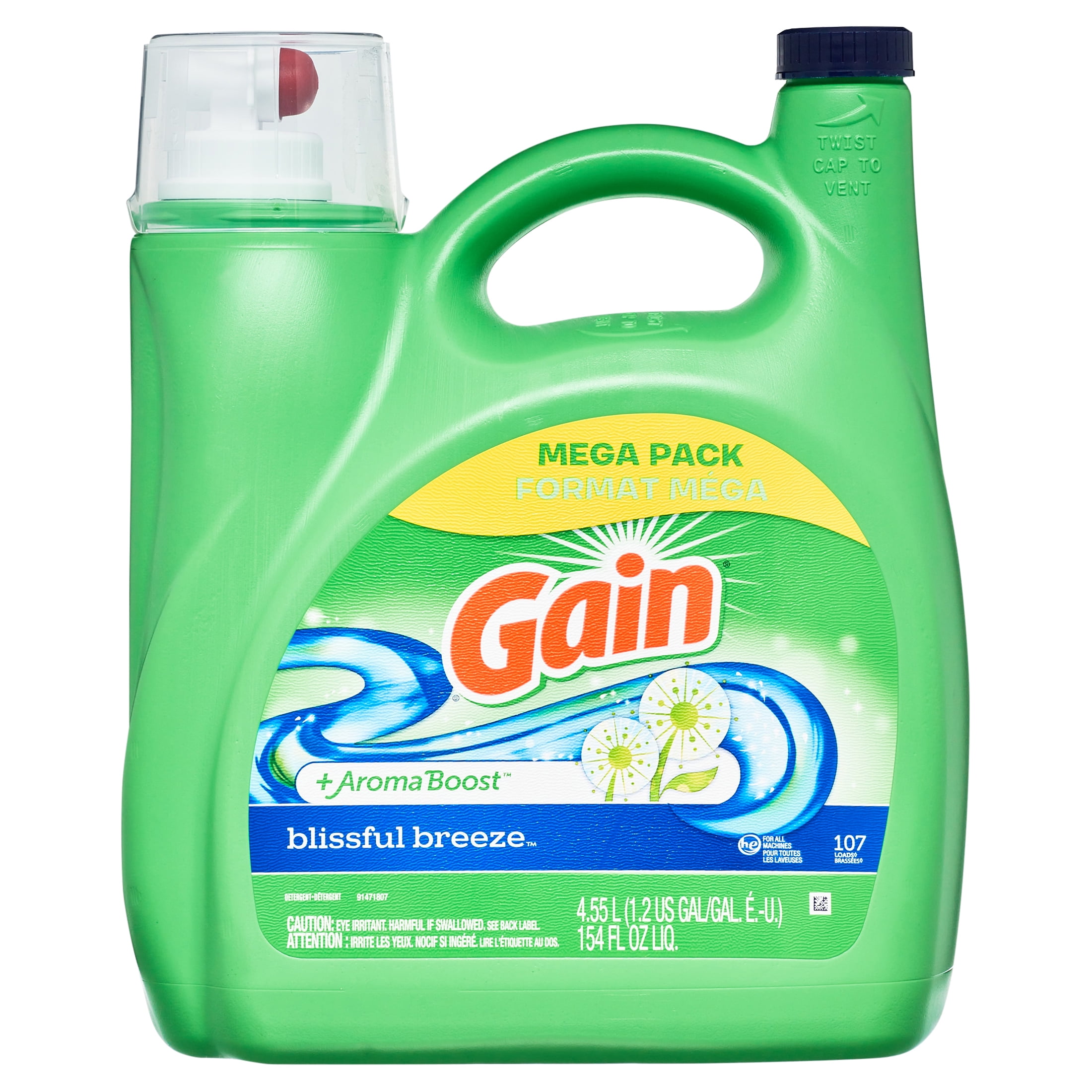 Gain + Aroma Boost Liquid Laundry Detergent, Blissful Breeze Scent, 107 Loads, 154 fl oz, HE Compatible