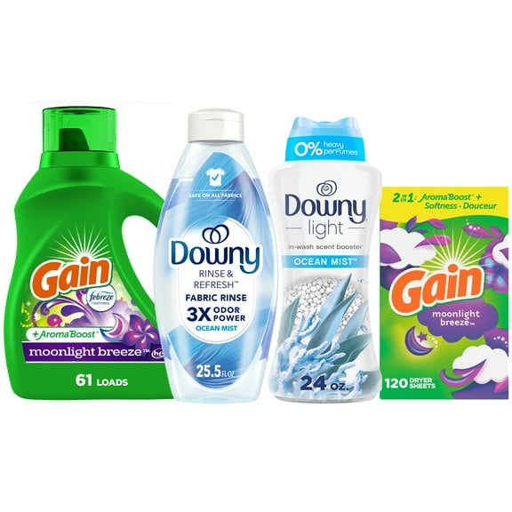 Gain & Downy Ultimate Laundry Bundle with Gain Liquid Laundry Detergent, Downy Laundry Scent Beads, Downy Rinse & Refresh, and Gain Dryer Sheets