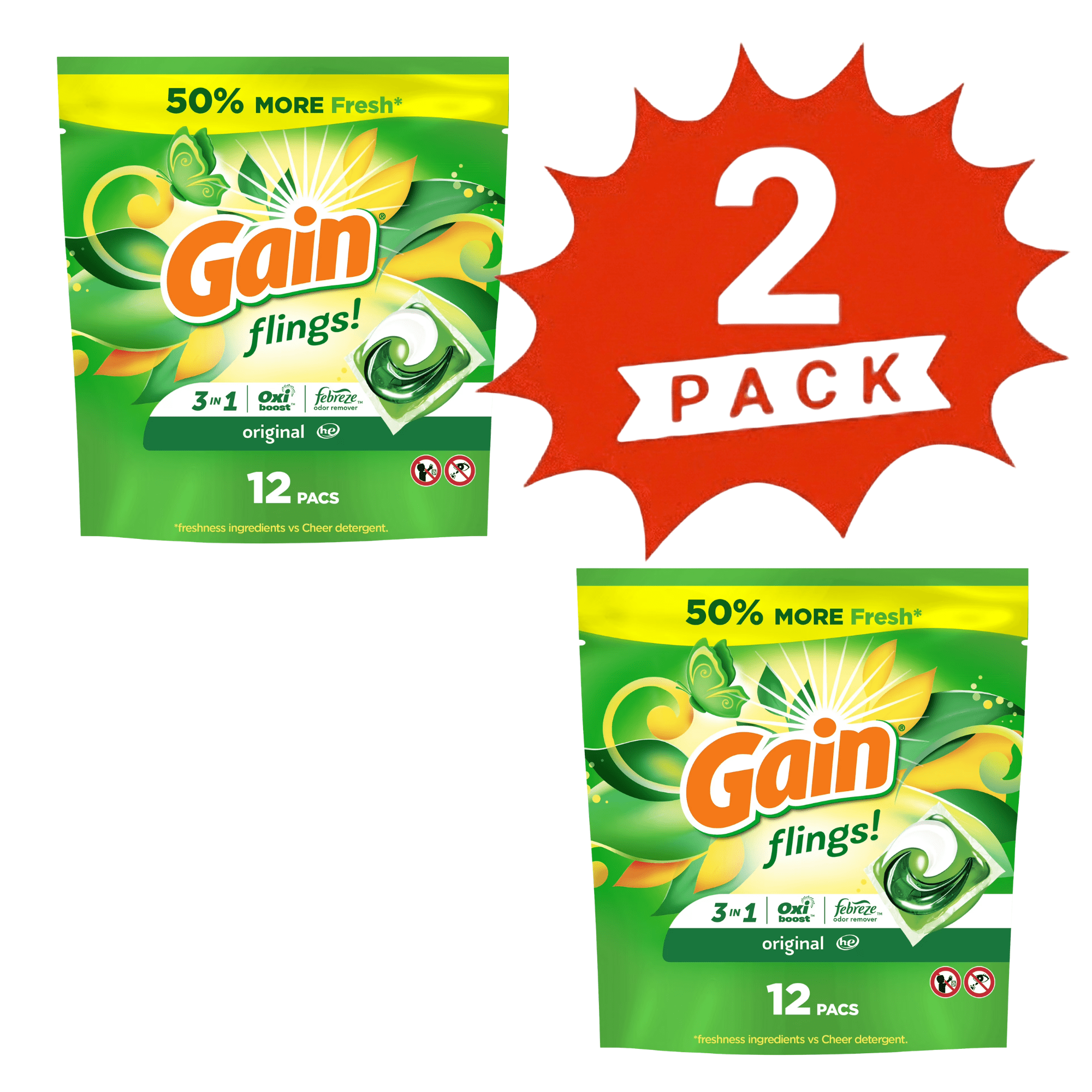 Gain Flings 3-in-1 Laundry Detergent Pacs, Original Scent ,24 Count (2-Pack)