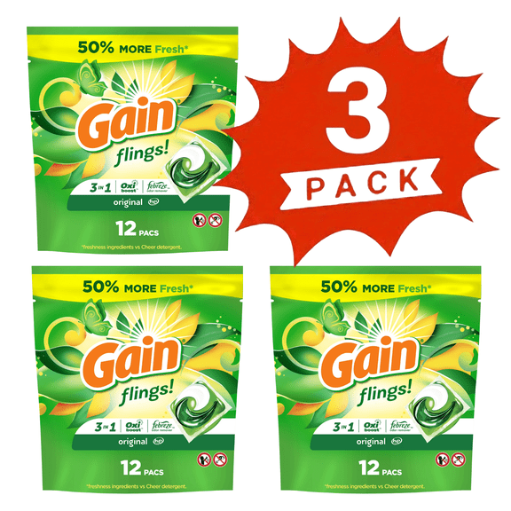 Gain Flings 3-in-1 Laundry Detergent Pacs, Original Scent, 36 Count (3-Pack)
