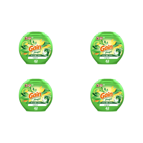 Gain Flings! 3-in-1 Original Laundry Detergent Pacs (42 Count x 4 )  4 Pack
