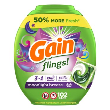 Gain Flings 3-in-1 Oxi Boost and Febreze Laundry Detergent Pacs, Moonlight Breeze Scent, 102 Count