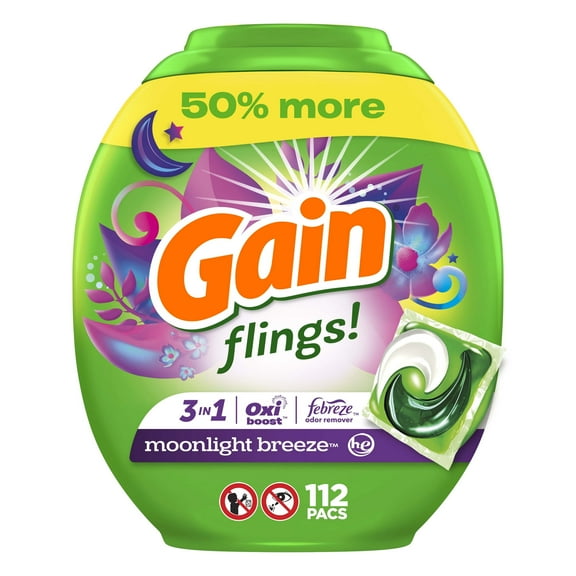 Gain Flings 3-in-1 Oxi Boost and Febreze Laundry Detergent Pacs, Moonlight Breeze Scent, 112 Count