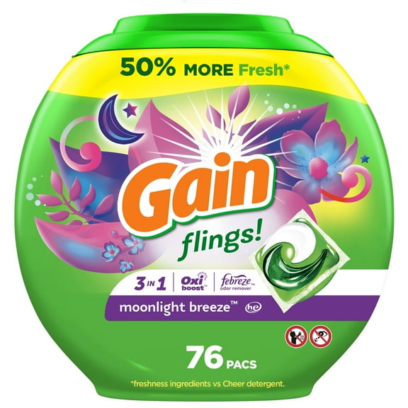 Gain Flings 3-in-1 Oxi Boost and Febreze Laundry Detergent Pacs, Moonlight Breeze Scent, 76 Count