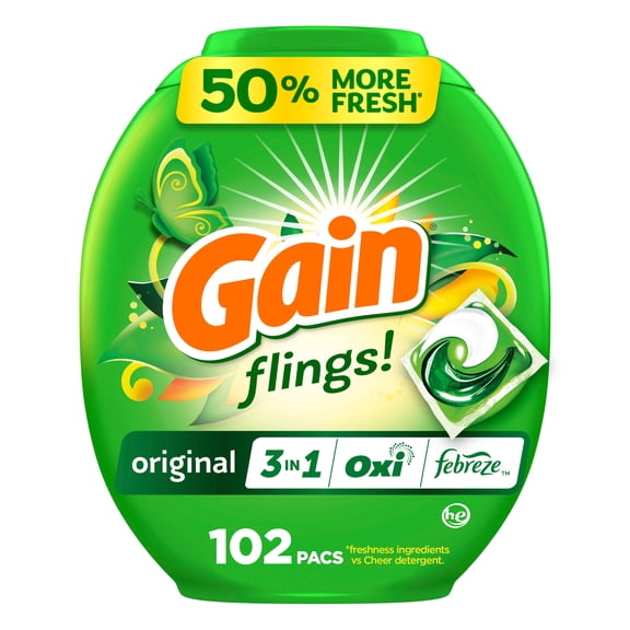 Gain Flings Laundry Detergent Soap Pacs, 3-in-1 Oxi Boost and Febreze, Original Scent, 102 Count
