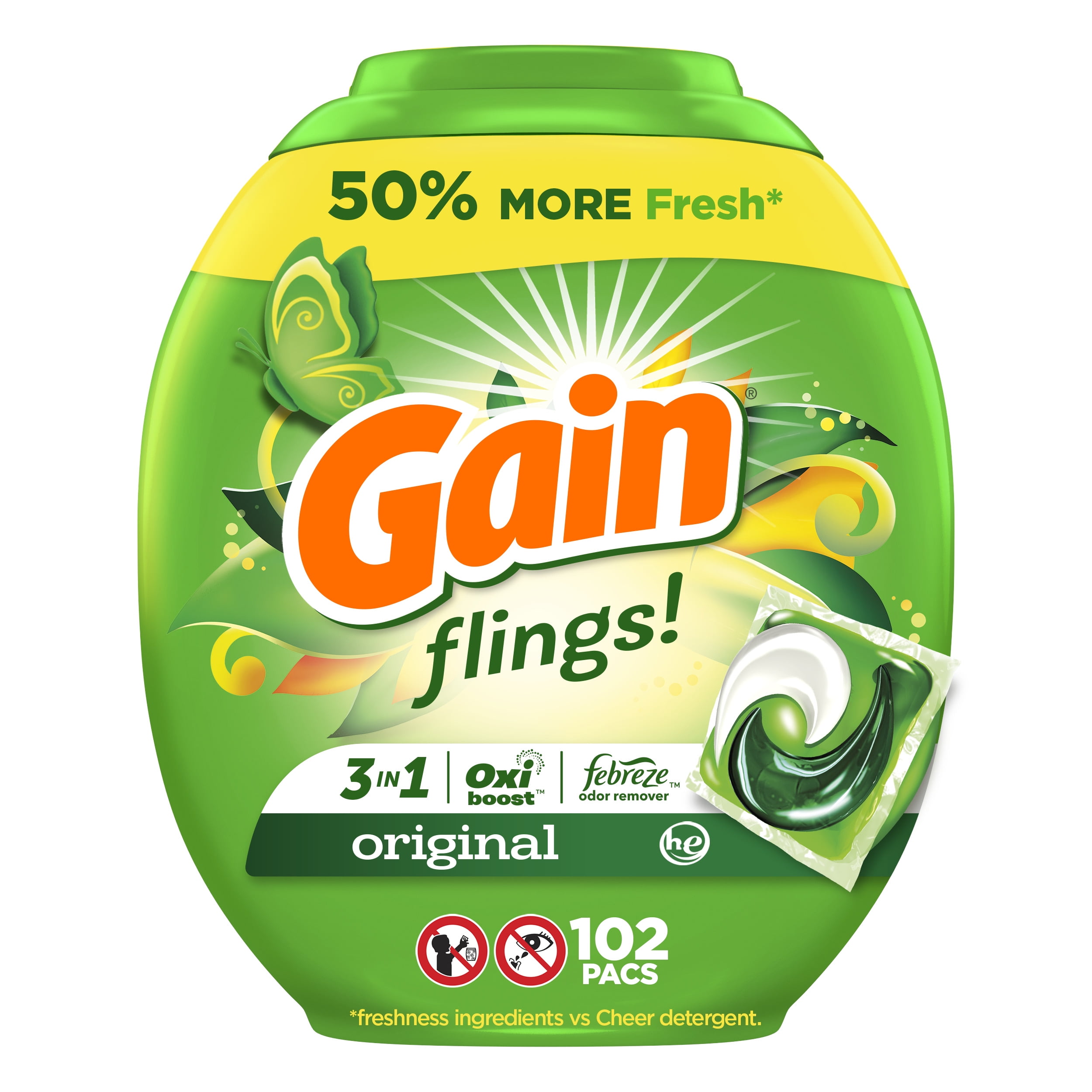 Gain Flings 3-in-1 Oxi Boost and Febreze Laundry Detergent Pacs, Original Scent, 102 Count