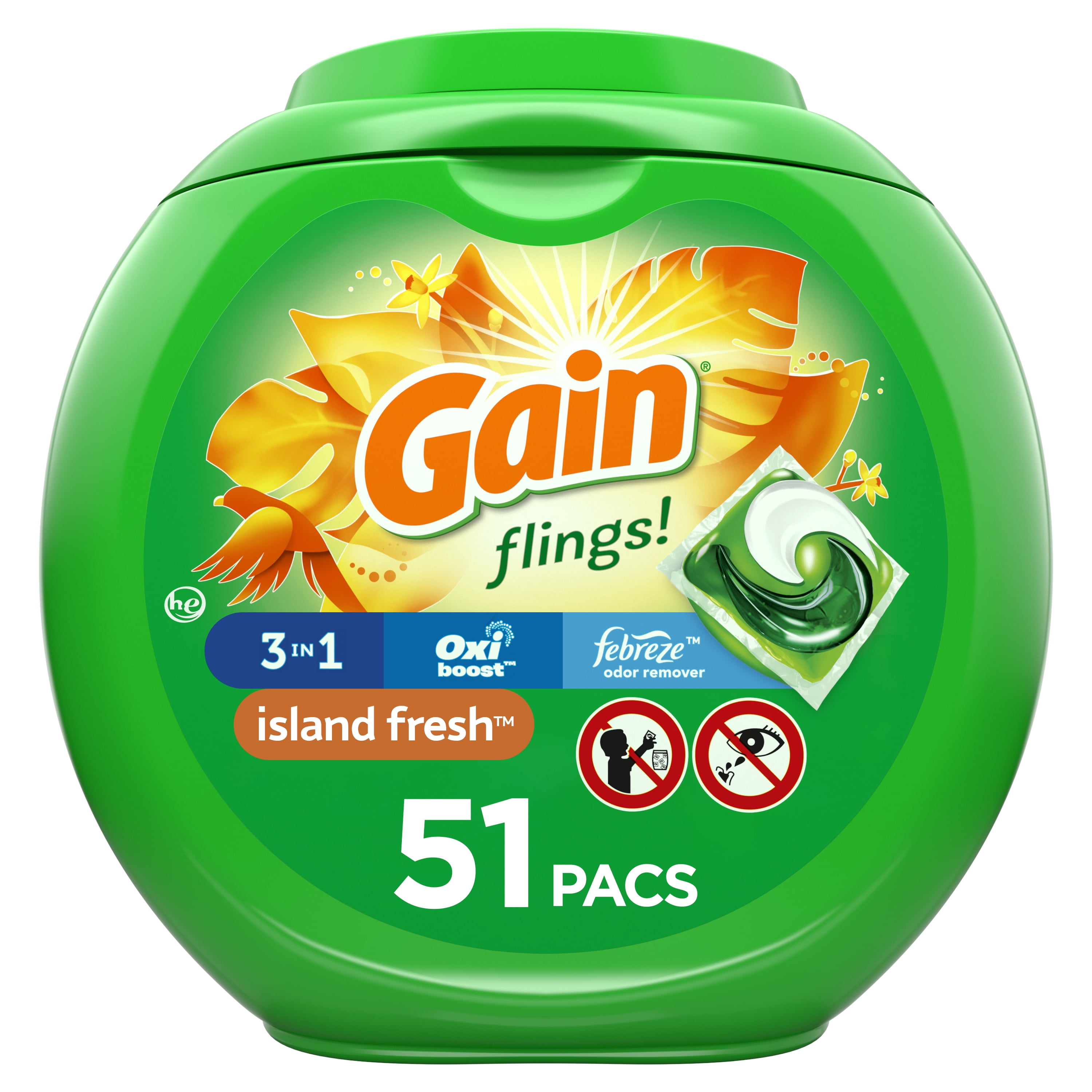 Gain Flings Island Fresh, 51 Ct, Laundry Detergent Pacs