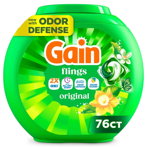 Gain Flings Laundry Detergent Soap Pacs, 3-in-1 Oxi Boost and Febreze, Original Scent, 76 Count