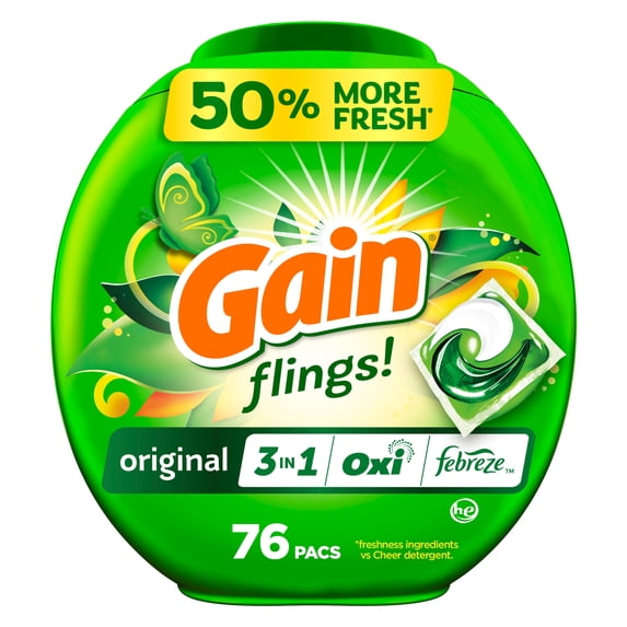 Gain Flings Laundry Detergent Soap Pacs, 3-in-1 Oxi Boost and Febreze, Original Scent, 76 Count