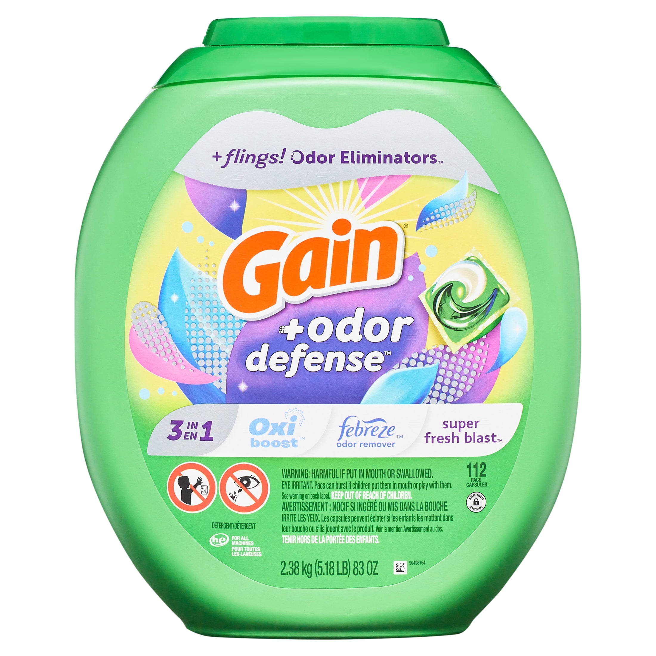 Gain Flings Laundry Detergent Pacs with Odor Defense, Super Fresh Blast Scent, 112 Count