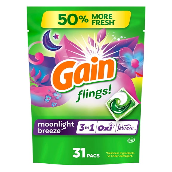 Gain Flings Laundry Detergent Soap Pacs, 3-in-1 Oxi Boost and Febreze, Moonlight Breeze Scent, 31 Count