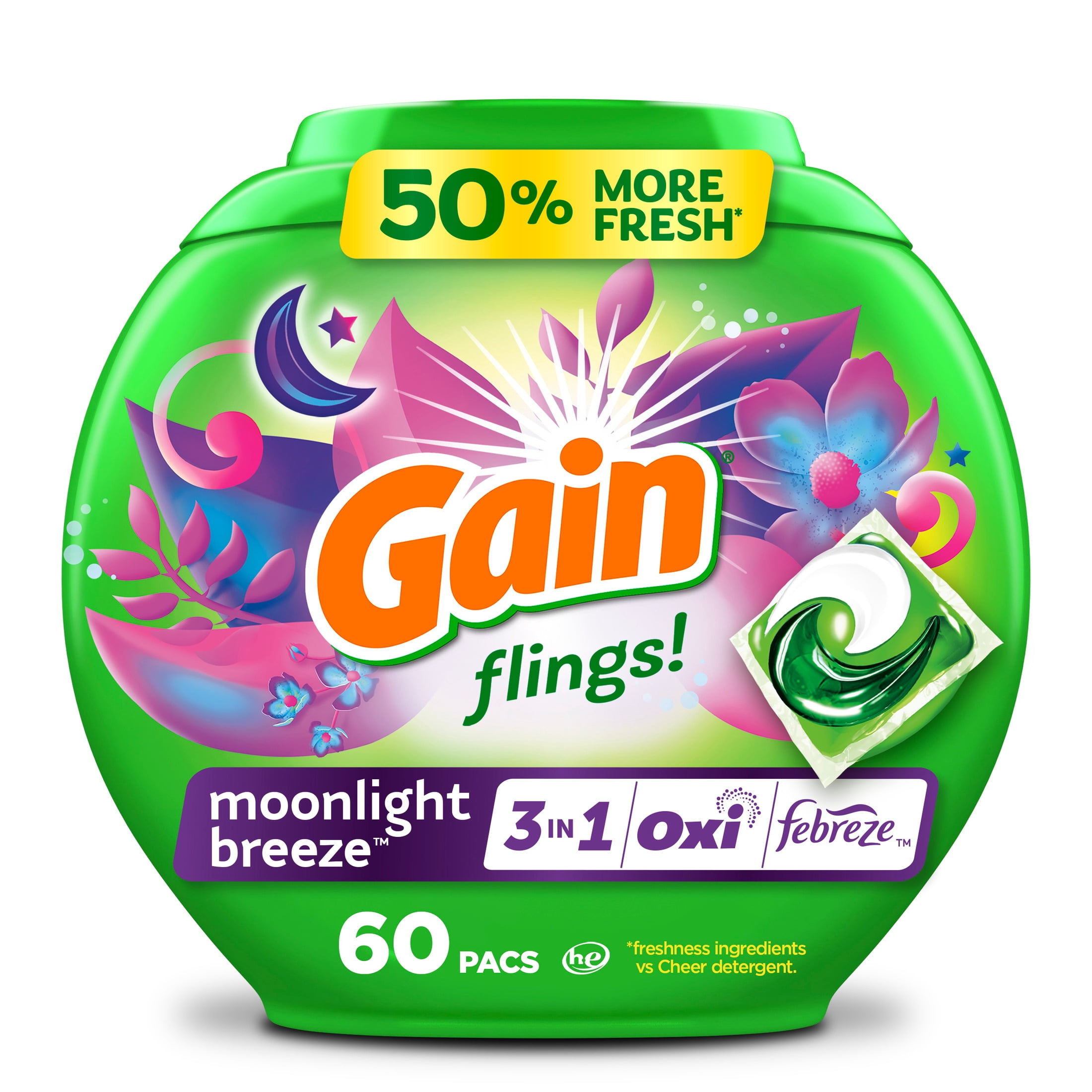 Gain Flings Laundry Detergent Soap Pacs, 3-in-1 Oxi Boost and Febreze, Moonlight Breeze Scent, 60 Count