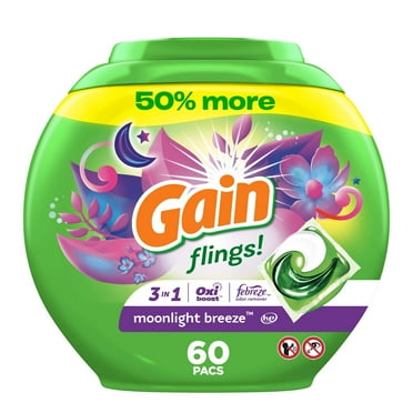 Gain Flings 3-in-1 Oxi Boost and Febreze Laundry Detergent Pacs, Moonlight Breeze Scent, 60 Count