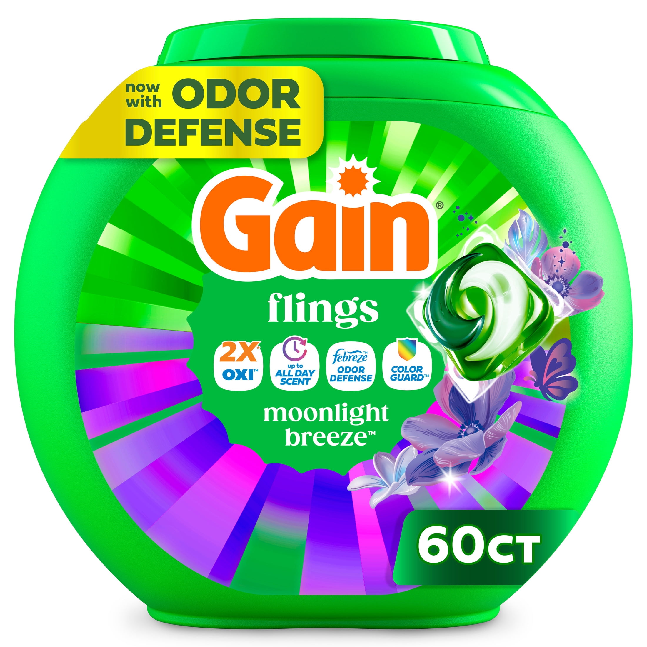Gain Flings Laundry Detergent Soap Pacs, 4-in-1 Oxi Boost and Febreze, Moonlight Breeze Scent, 60 Count