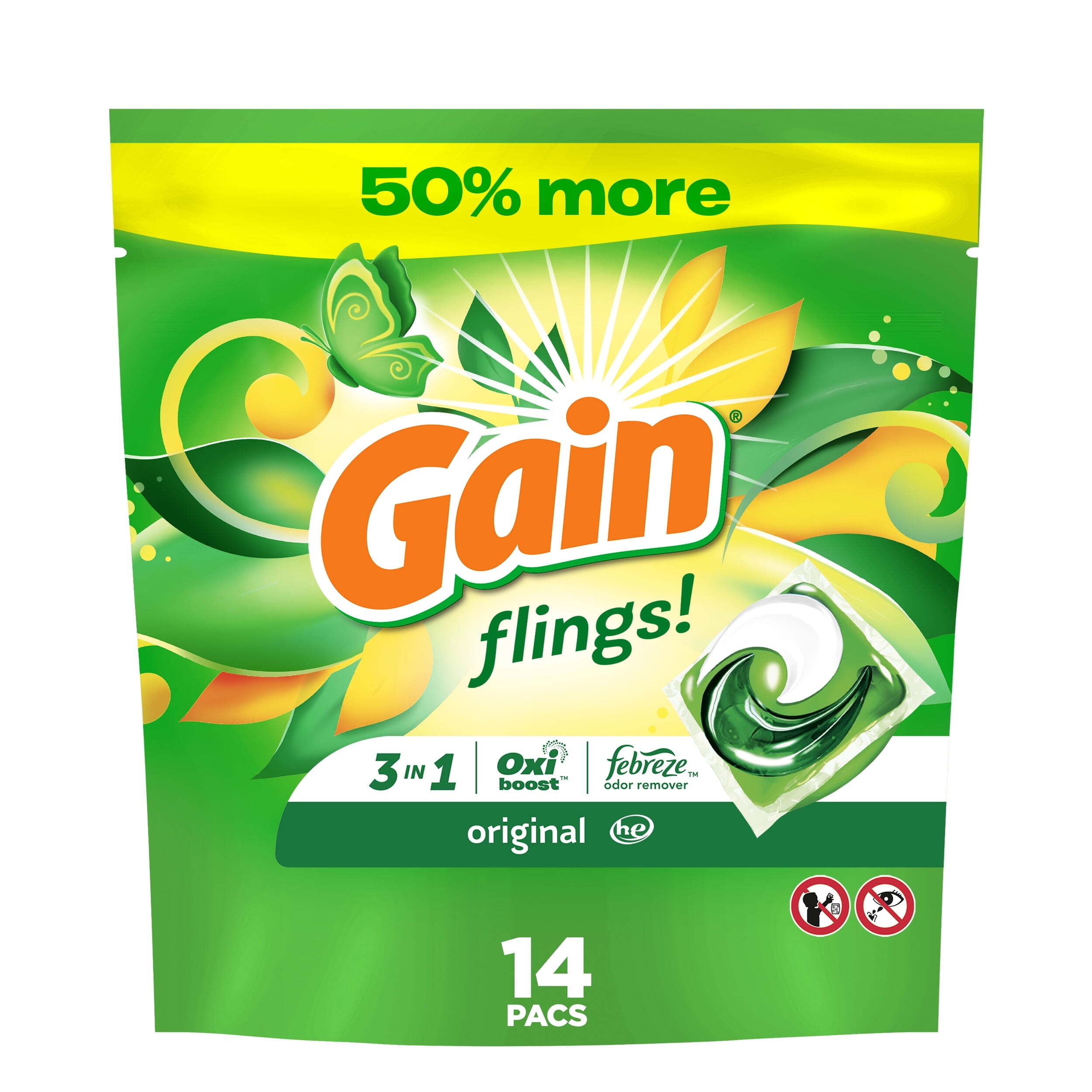 Gain Flings 3-in-1 Oxi Boost and Febreze Laundry Detergent Pacs, Original Scent, 14 Count