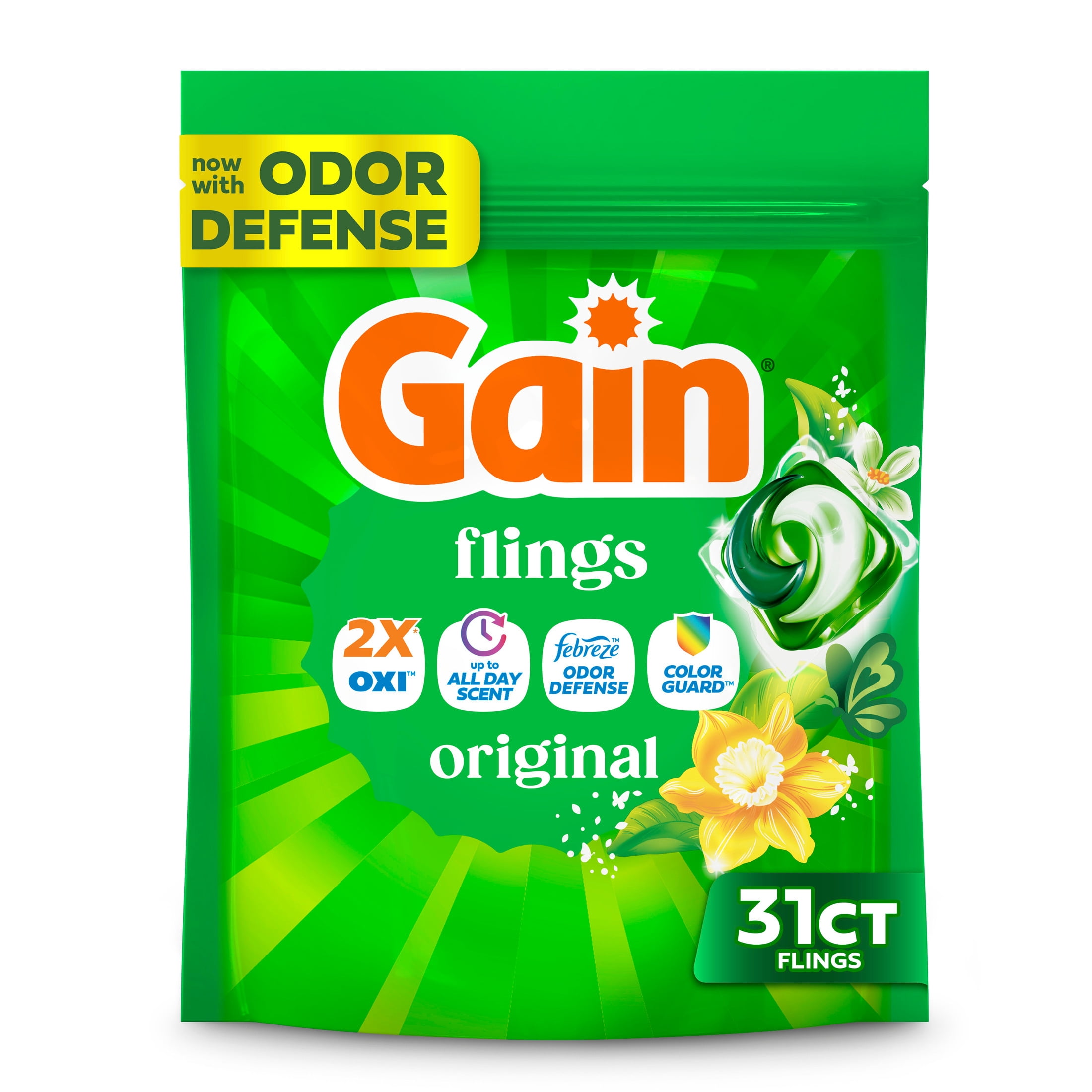 Gain Flings Laundry Detergent Soap Pacs, 4-in-1 Oxi Boost and Febreze, Original Scent, 31 Count
