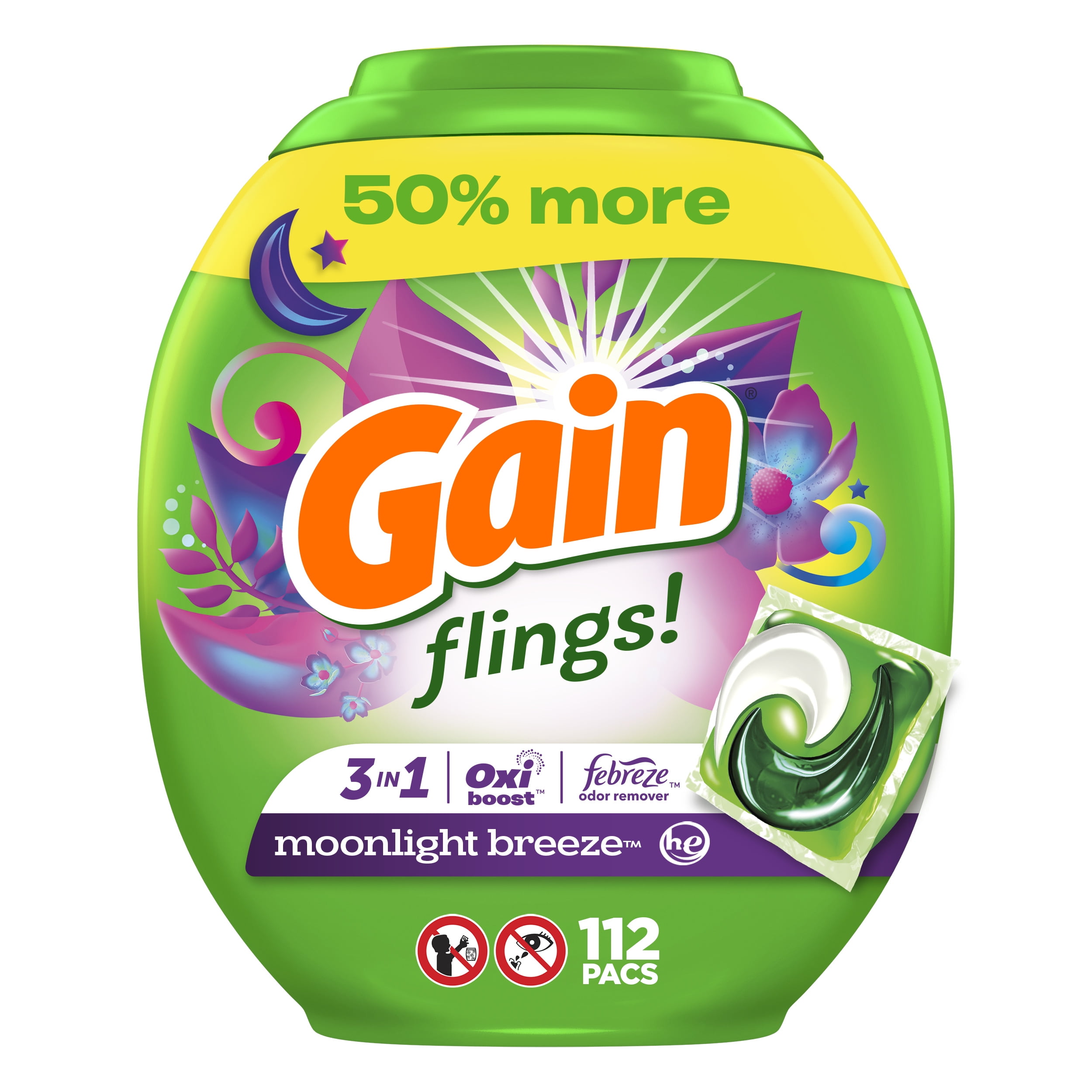 Gain Flings 3-in-1 Oxi Boost and Febreze Laundry Detergent Pacs, Moonlight Breeze Scent, 112 Count