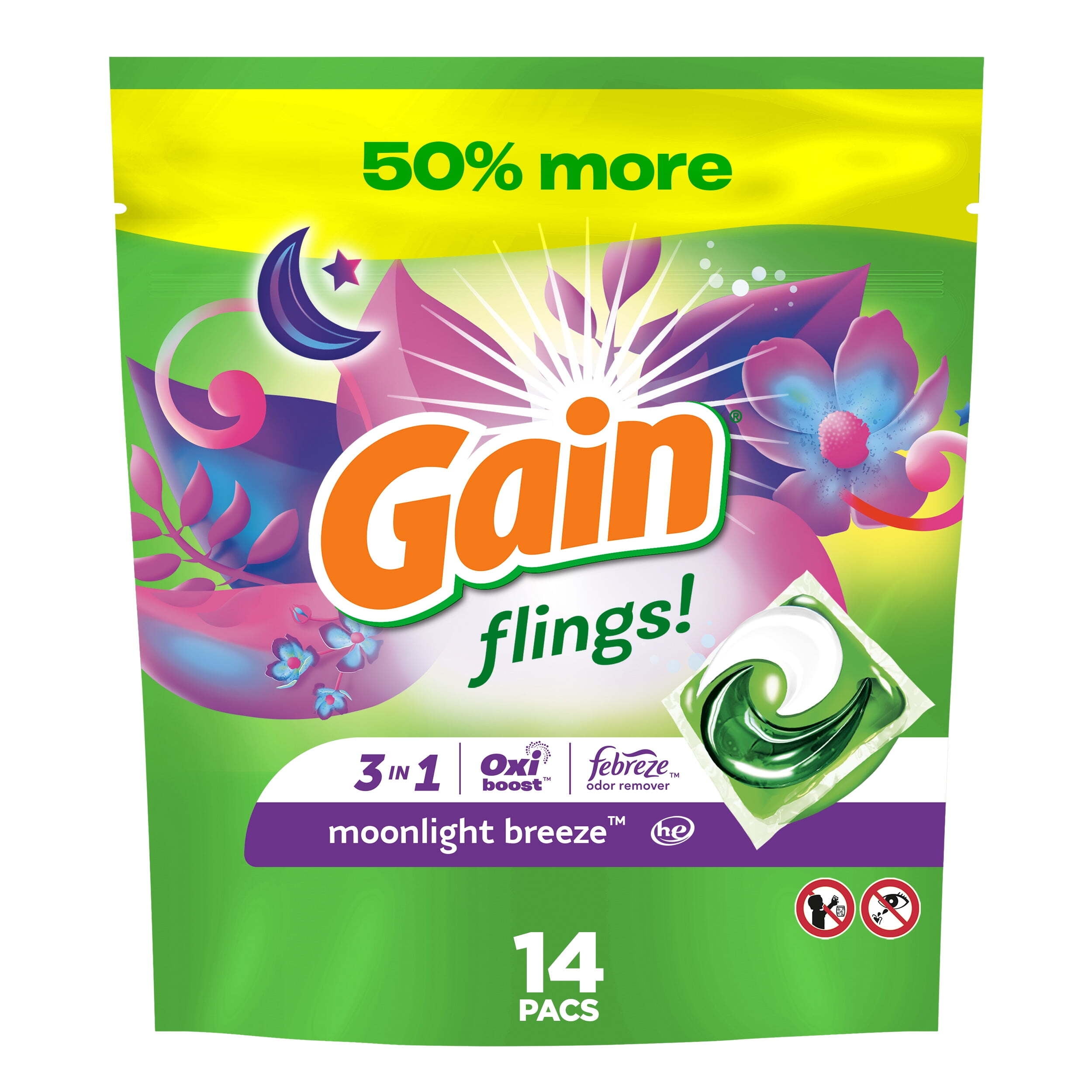 Gain Flings 3-in-1 Oxi Boost and Febreze Laundry Detergent Pacs, Moonlight Breeze Scent, 14 Count